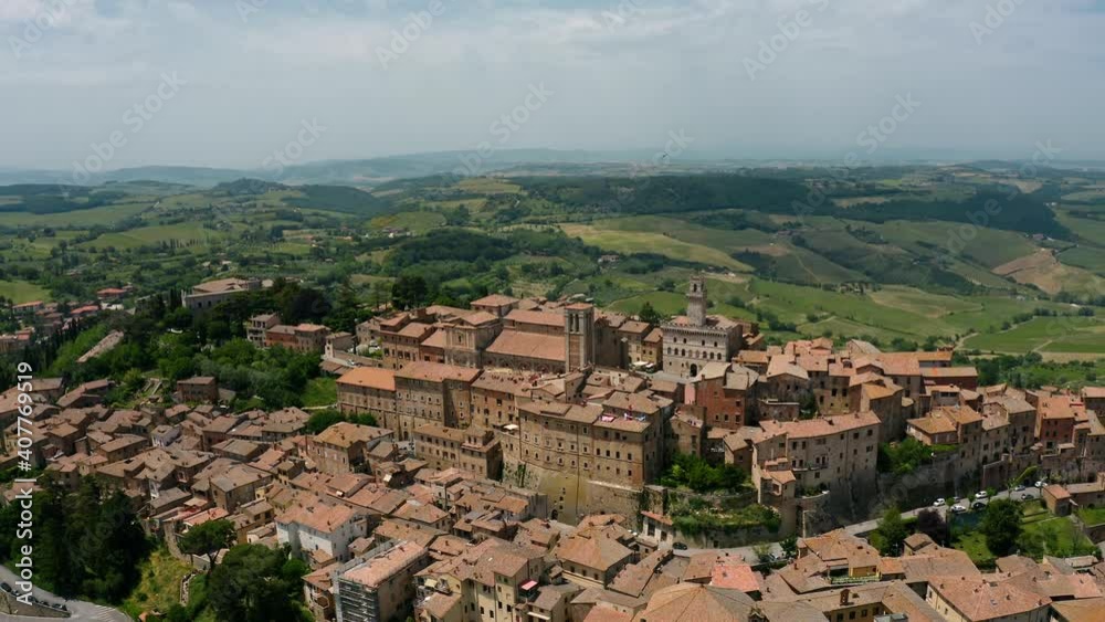 Aerial Drone view Montepulciano town located in highland. Tuscany, Italy Aerial Drone view Montepulciano town located in highland. Tuscany, Italy