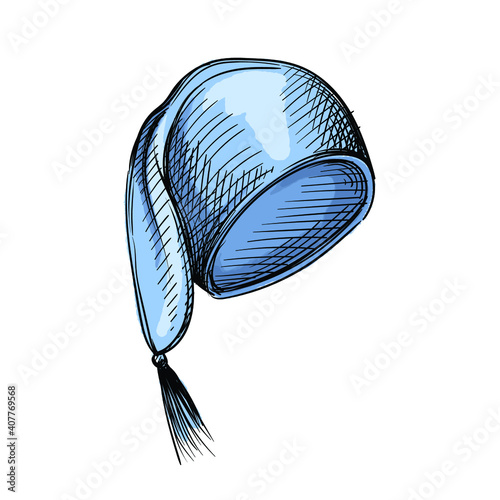 Watercolor colorfull Hand drawn sketch of blue night cap on a white background. night cap. Going to sleep. Sleeping set	