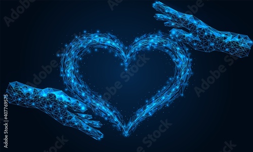Hands hold a heart made of particles and fragments. Polygonal construction of concatenated lines and points. Blue background.
