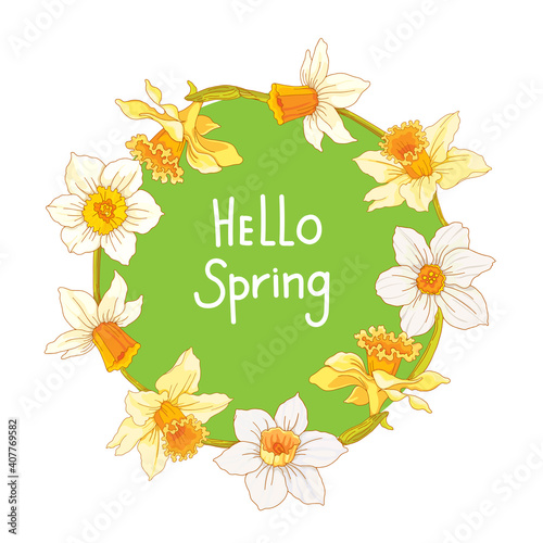 A light green background with Hello Spring lettering framed by a round daffodil frame. Design element for greeting card, banner, invitation, flyer. 