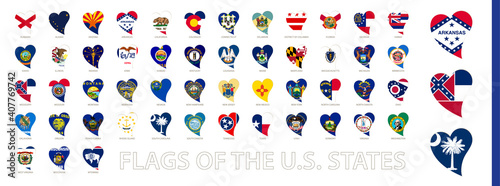 National Flags of US State in Shape of Heart. Heart icon set with the flags sorted alphabetical.