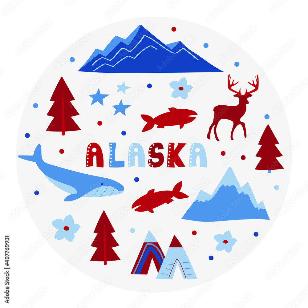 USA collection. Vector illustration of Alaska theme. State Symbols - round shape