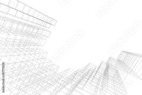 Abstract architectural background. Linear 3D illustration. Concept sketch