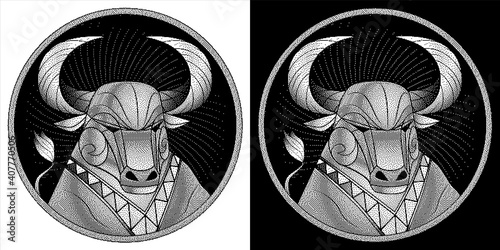 Taurus zodiac sign, astrological horoscope symbol. Pixel monochrome icon style. Stylized graphic black white portrait of stately ox. Proud bull, big twisted horns. Powerful mule look to side. Vector.