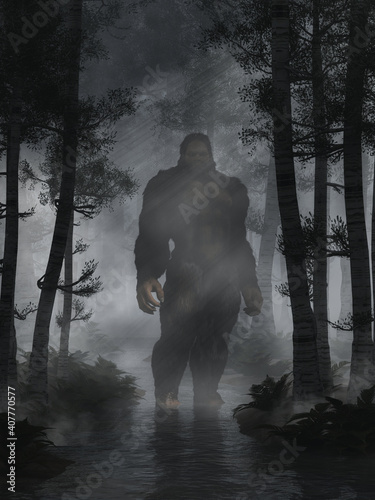 The mysterious bigfoot, a creature of folklore and legend, and the most popular cryptid of North America, stands in a shallow creek in the woods at night. 3D Rendering photo