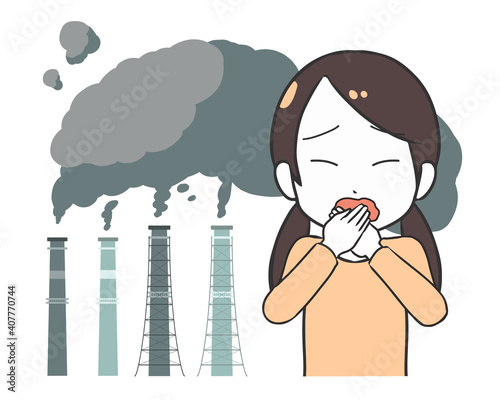 工場の排気ガス　咳き込む女の子