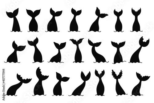 Set of vector mermaid's tail silhouettes. Hand drawn marine elements.