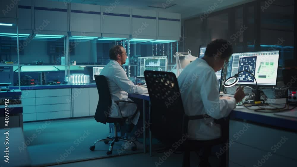 Modern Electronics Development Facility: Diverse Team of Multi-Ethnic Engineers and Scientists Work on Computers, Talk, Design Industrial PCB, New Generation Silicon Microchips, Semiconductors Modern Electronics Development Facility: Diverse Team of Multi-Ethnic Engineers and Scientists Work on Computers, Talk, Design Industrial PCB, New Generation Silicon Microchips, Semiconductors