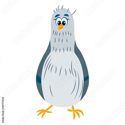 Pigeon bird. Green and gray dove staying. Blue eyes. Yellow beak and legs. Flat cartoon character design. Cute and funny. Isolated on white. Colorful icon. For kids stickers, post cards and posters