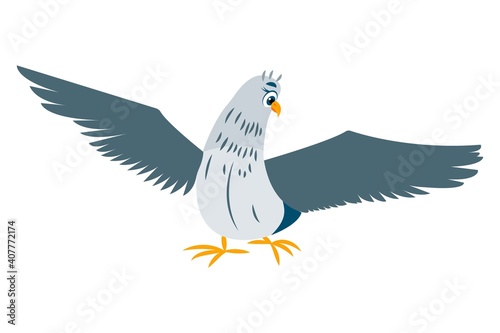 Pigeon bird stay. Green gray doves. Spreaded wings. Blue eyes. Yellow beak and legs. Flat cartoon character design. Cute and funny. Isolated on white. For kids stickers, post cards and posters