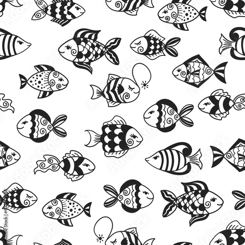 Seamless pattern with cute fishes. Vector nursery background. 