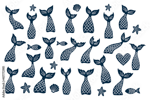 Set of vector mermaid's tail, fishes, starfishes, shells silhouettes.