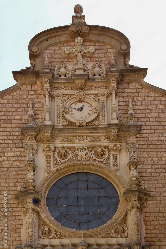 Fragment of the facade of the church in the Montserrat monastery in Spain