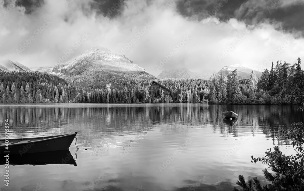 Panorama of High Tatras mountains - National park and Strbske pleso (Strbske lake) mountain lake in Slovakia