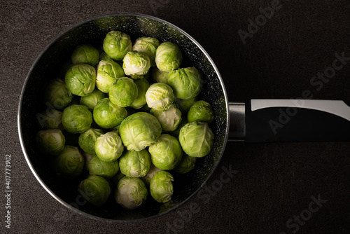 Brussels sprouts in a cooking pot