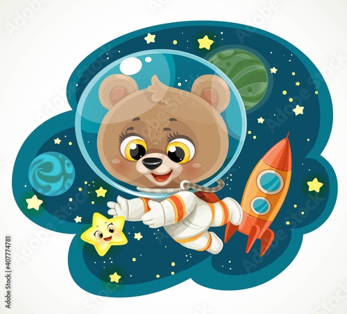 Cute cartoon teddy bear in an astronaut costume in outer space reaching for a star isolated on white background