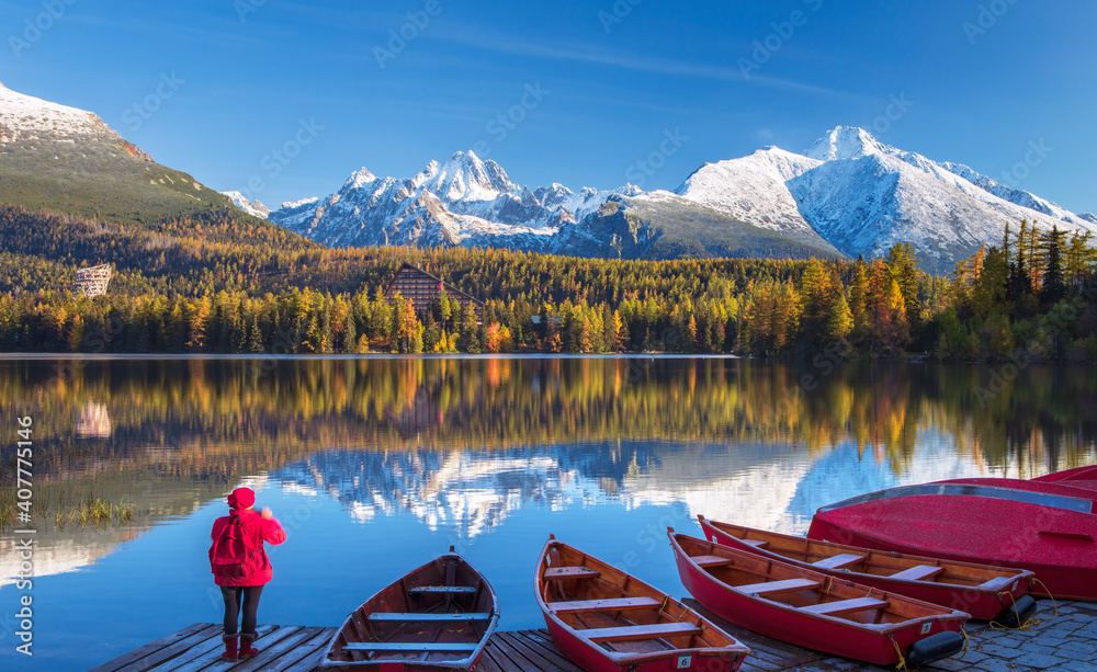 Mountain lake Strbske pleso in National Park High Tatras at sunrise, Slovakia, Europe