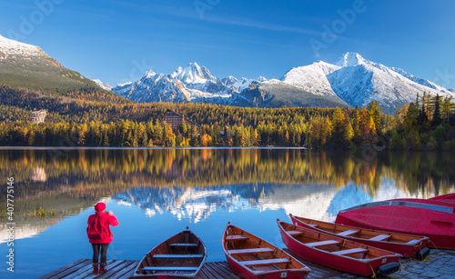 Obraz na płótnie Mountain lake Strbske pleso in National Park High Tatras at sunrise, Slovakia, Europe w salonie