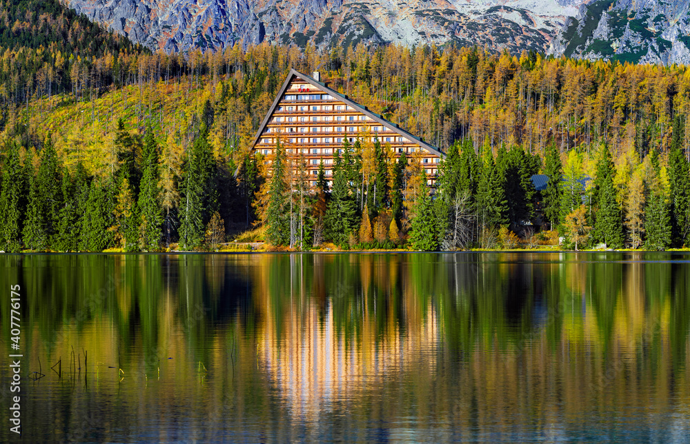 Scenic mountain lake Strbske pleso (Strbske lake) and High Tatras national park, Slovakia