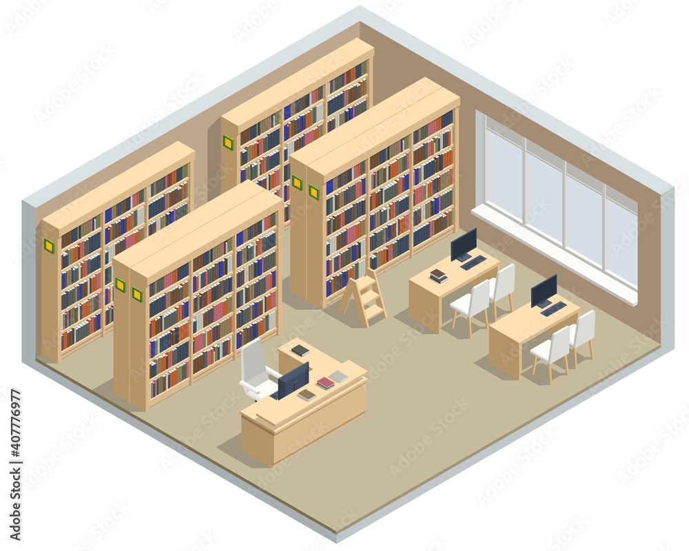 Isometric Bookshelves in the Library. Books in public library. Learning and education concept. Technology E-learning School Isometric Bookshelves in the Library. Books in public library. Learning and education concept. Technology E-learning School