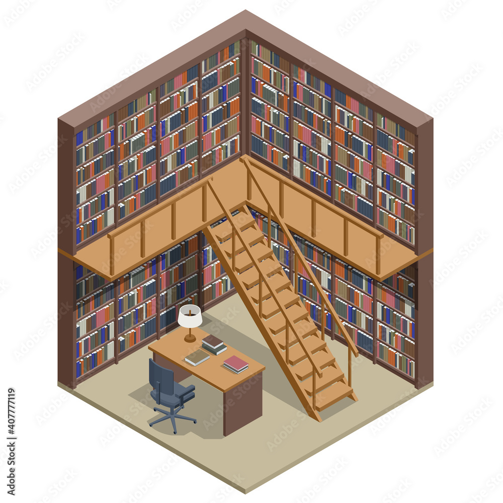 Isometric Bookshelves in the Library. Books in public library. Learning and education concept. Isometric Bookshelves in the Library. Books in public library. Learning and education concept.