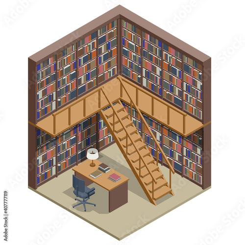 Isometric Bookshelves in the Library. Books in public library. Learning and education concept.