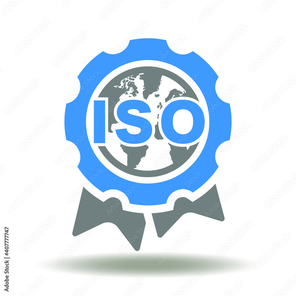 ISO stamp with earth planet vector icon. International standard certificate symbol.