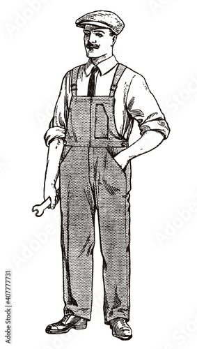 Craftsman, mechanic or technician from early 20th century wearing overall and cap, holding wrench
