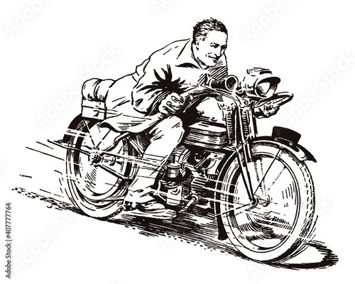 Happy smiling man from the early 20th century riding a classic motorcycle at high speed