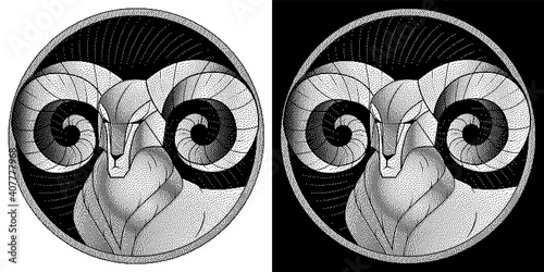 Aries zodiac sign, astrological, horoscope symbol. Pixel monochrome icon style. Stylized graphic black white portrait of stately, proud male sheep, blue big twisted horns. Ram looking to side. Vector.