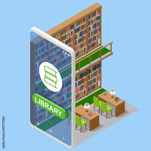 Isometric Online library app for reading, bookstores concept. E-learning from home online studying on smartphone.