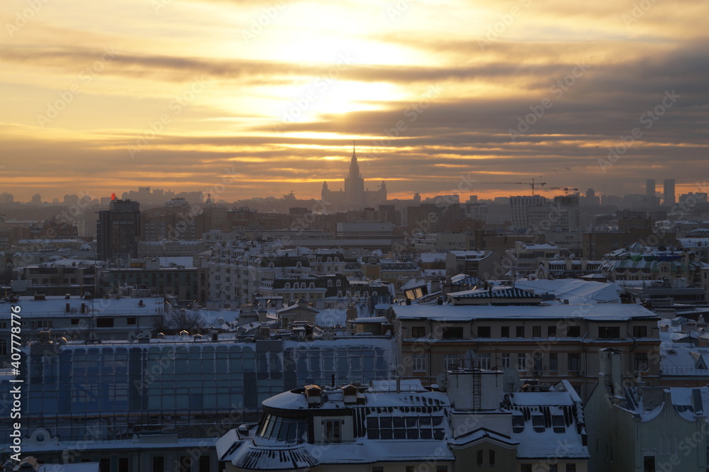 sunset in moscow in winter