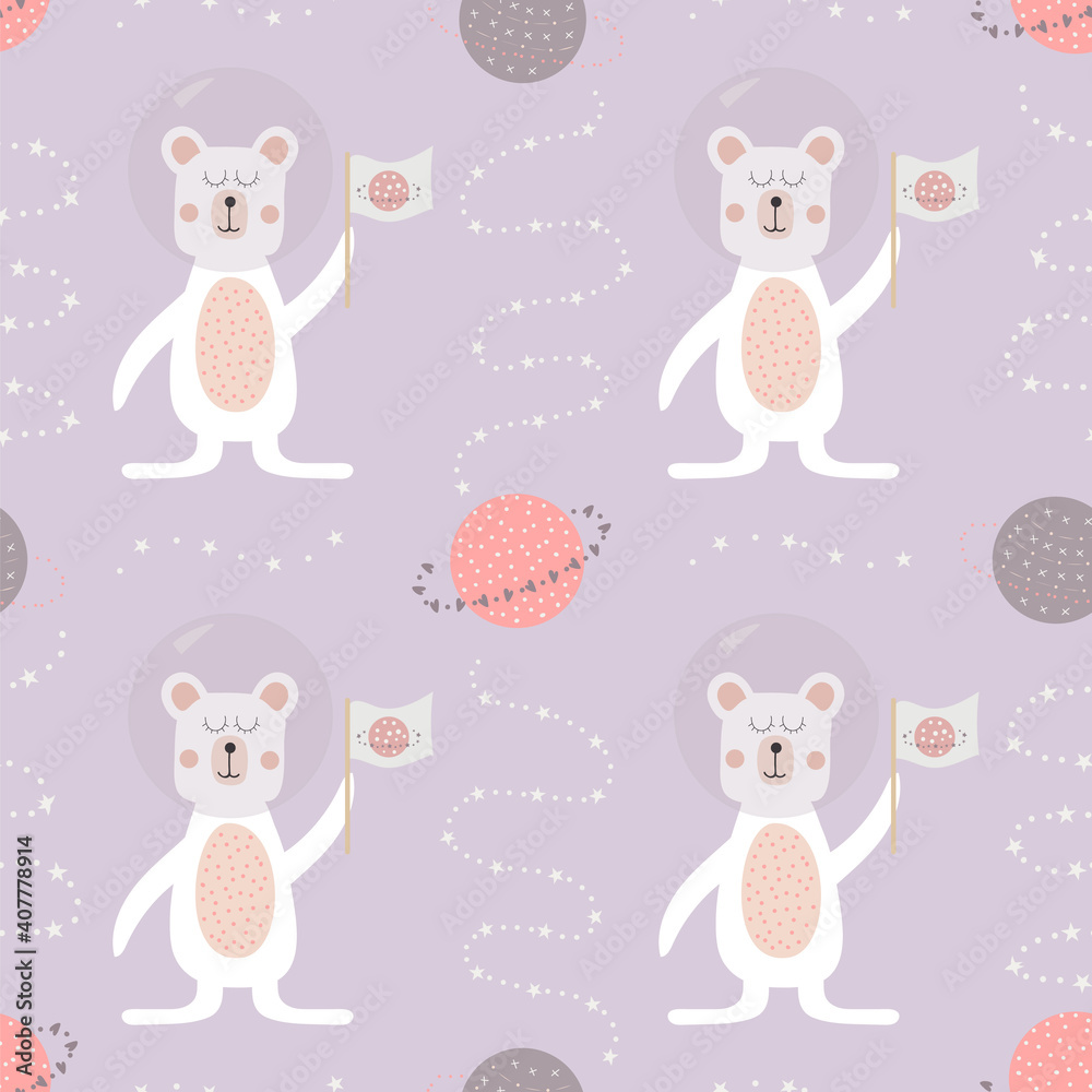 Seamless pattern of cute planets and astronaut bears on a soft lavender background