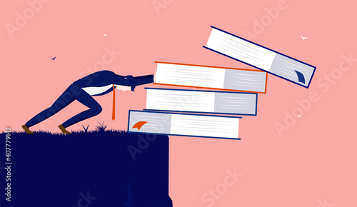 Career with no education - Businessman pushing educational books of cliff. Self taught and refusing to learn concept. Vector illustration. photo