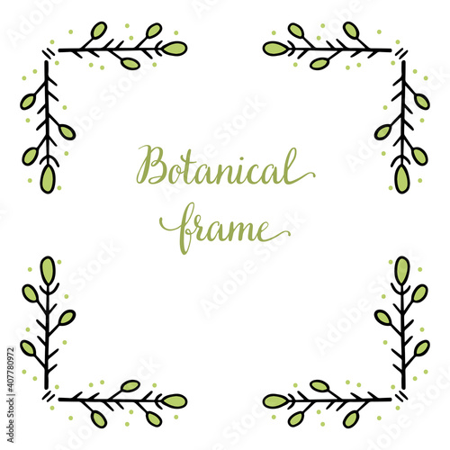 Square frame for text decoration in doodle style. Natural style, branches, plants, flowers. Black outline with colored accents on a white background. © EniaKlever