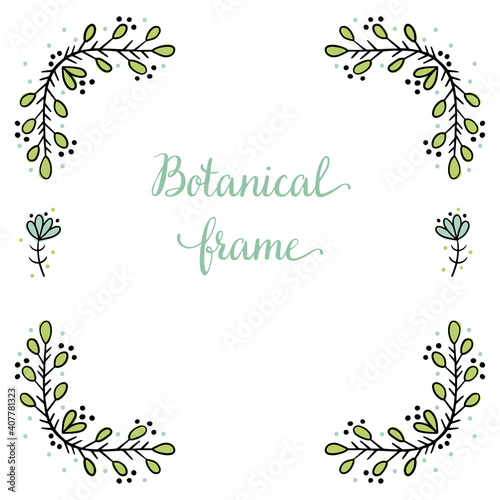 Square frame for text decoration in doodle style. Natural style, branches, plants, flowers. Black outline with colored accents on a white background.