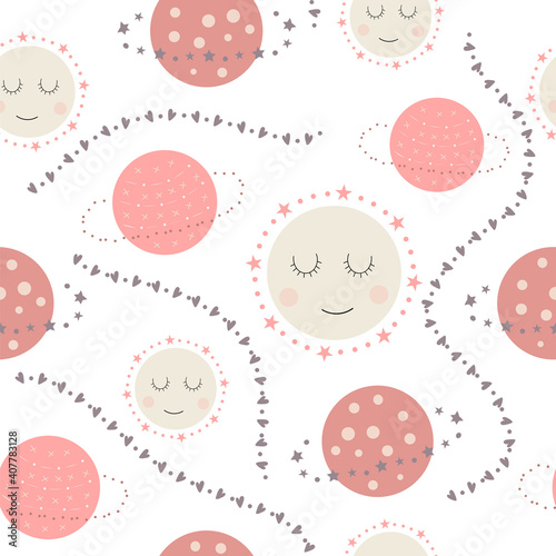 Seamless pattern of cute planets on a white background