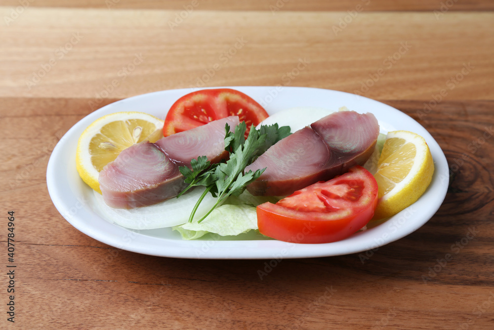 Traditional Turkish appetizers pickled tunny Traditional Turkish appetizers pickled tunny