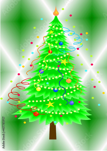 An illustrated Christmas tree against a diamond highlighted green background.