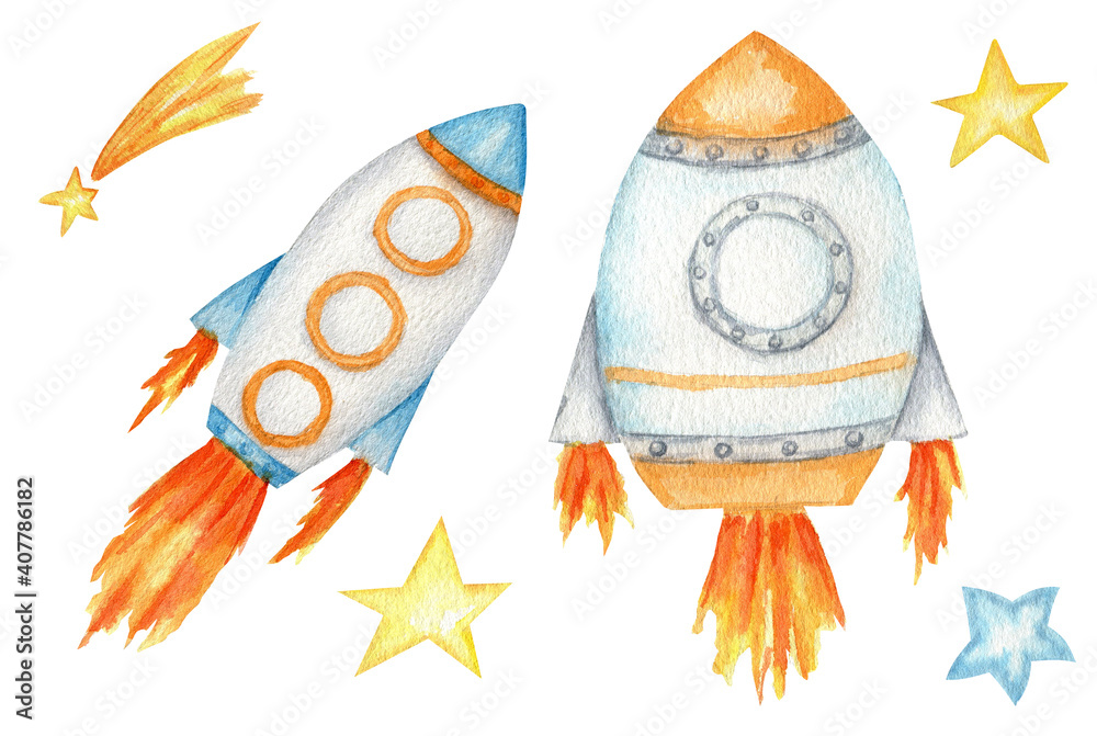 Space rocket launch, stars set. Spaceship start isolated watercolor  illustration. Cute Cartoon kids space ship. Stock Illustration