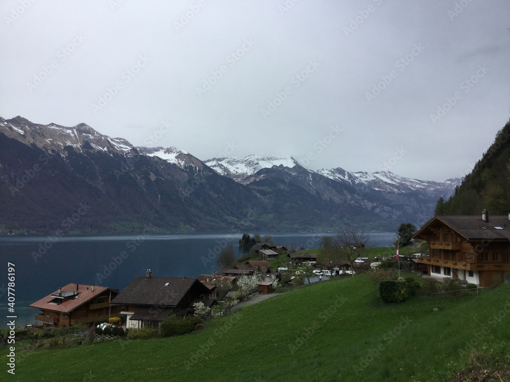 swiss alpine village on the lake