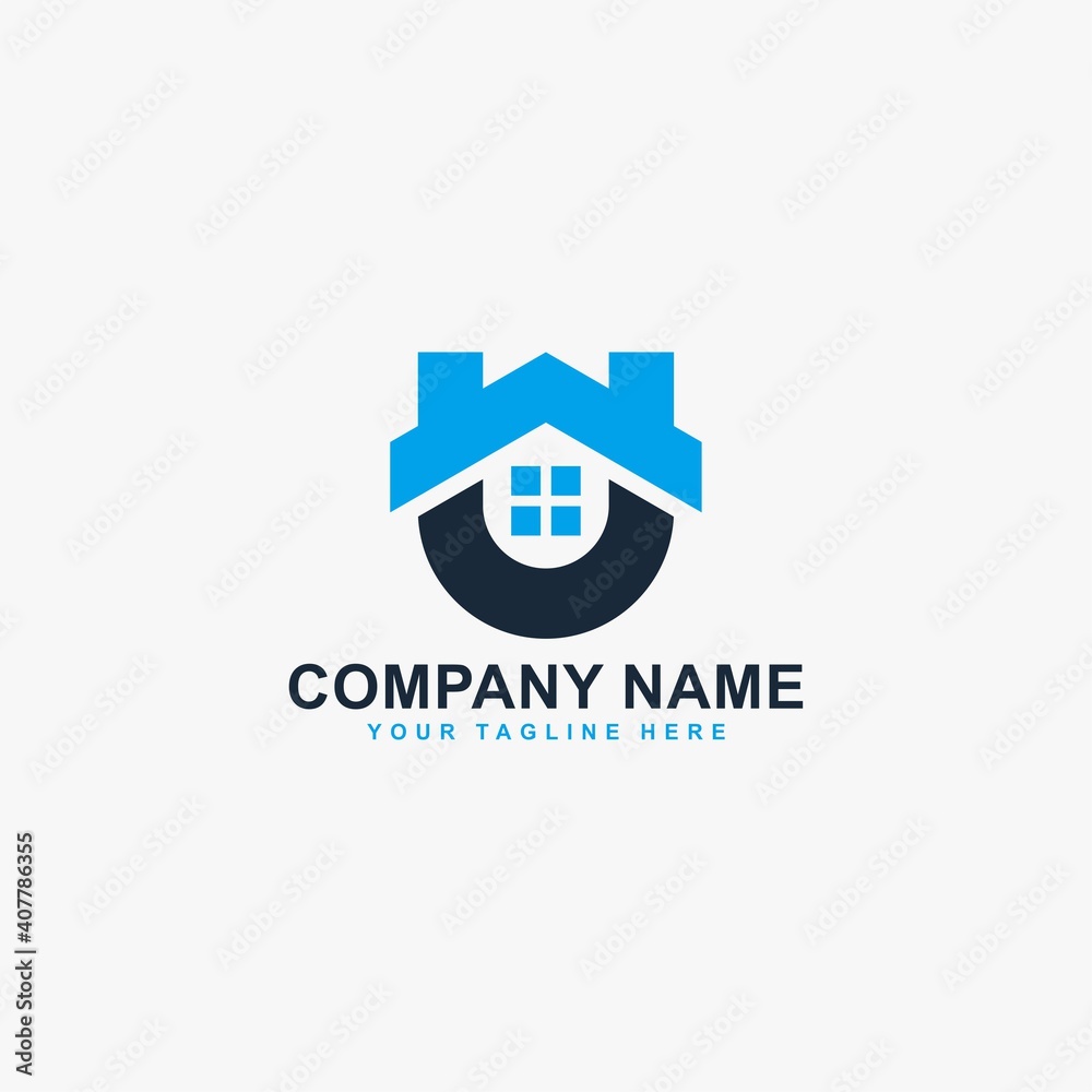 Fototapeta premium Home and letter U logo design vector. Real estate logo sign.