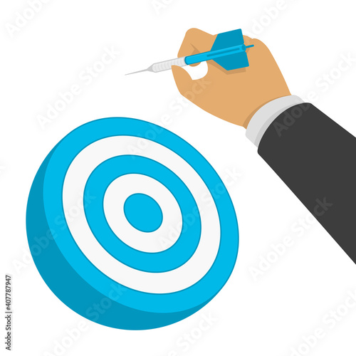 Vector hand holding dart. Businessman aiming at the business target.