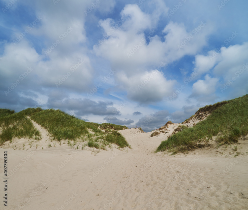 scenic blue sky and white clouds over the sand dunes at the beach Nymindegab Strand, Denmark on a sunny summer day