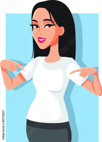 Female Promoter Pointing to a Blank White Shirt