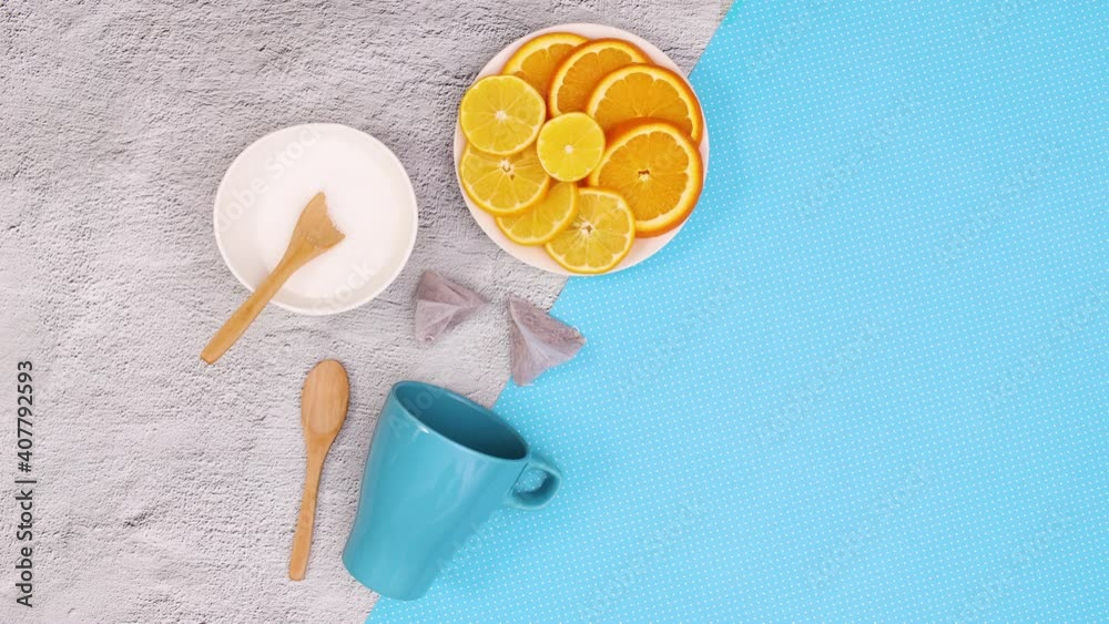Blue theme with blinking utensil and supplies for making tea. Stop motion Blue theme with blinking utensil and supplies for making tea. Stop motion