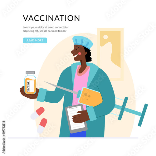 Vaccine against COVID-19 virus. Prevention injection, immunization. Coronavirus infection treatment. A black doctor holds a large syringe and a virus vaccine in his hands. Vaccination.