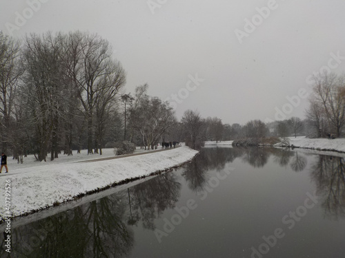 Snow at Nidda river, Frankfurt photo
