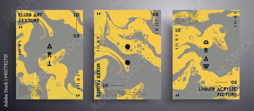 Abstract vector poster, texture set of fluid art covers. Artistic background that can be used for design cover, invitation, presentation and etc. Trendy colors of 2021 year - gray and yellow