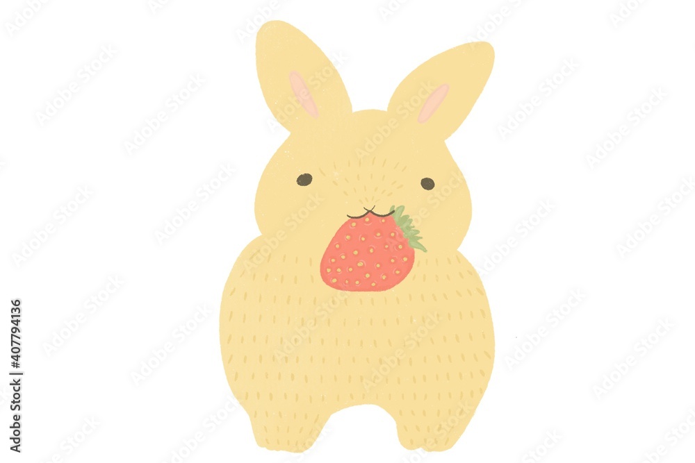 Obraz premium いちごを食べるかわいい子ウサギ